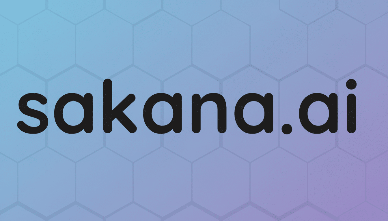 The Sakana AI logo, featuring the text sakana.ai in a rounded, sans-serif black font, centered on a professional 16:9 aspect ratio background with a subtle hexagonal pattern and a gradient from light blue to light purple.