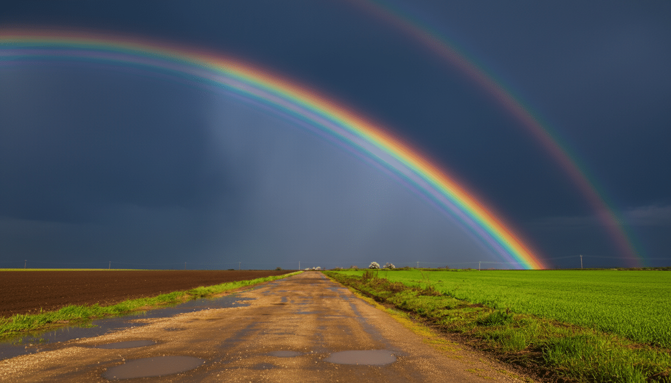 A vibrant rainbow arches across a dark, stormy sky over a rural landscape with a dirt road, green fields, and a plowed field.