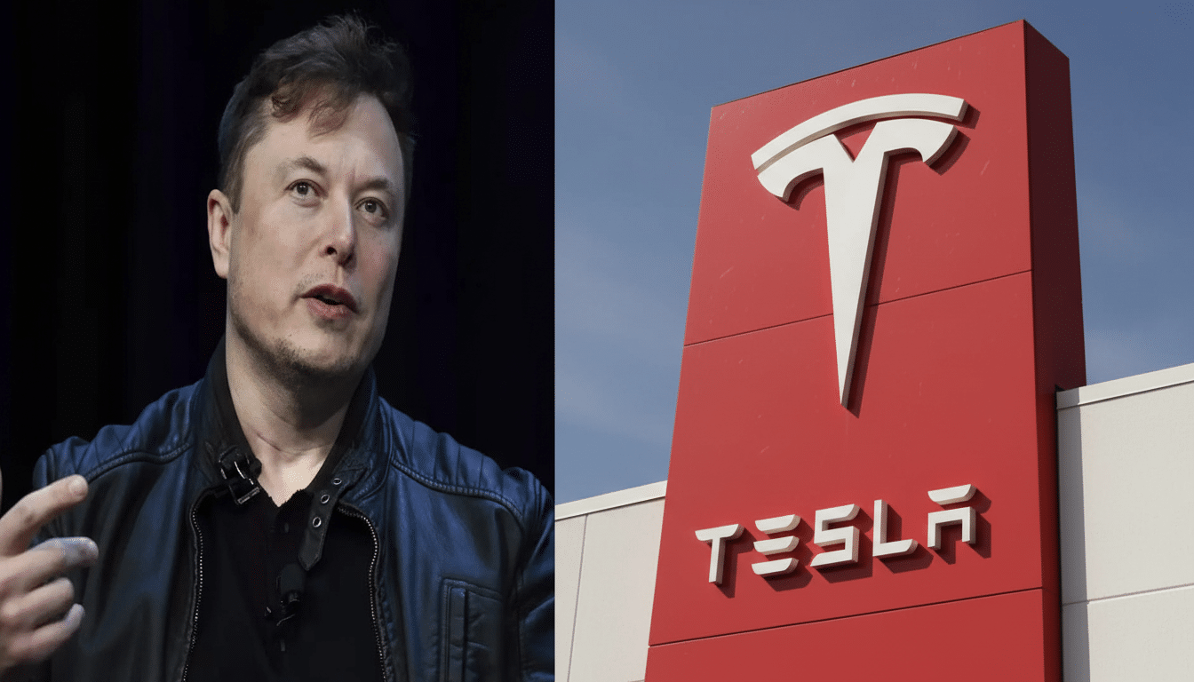 A split image showing Elon Musk on the left and the Tesla logo on the right, resized to a 16:9 aspect ratio.