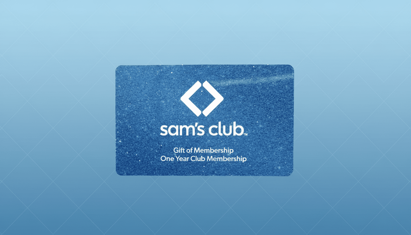 A Sams Club gift of membership card, blue with white text and logo, centered on a light blue background with a subtle geometric pattern.