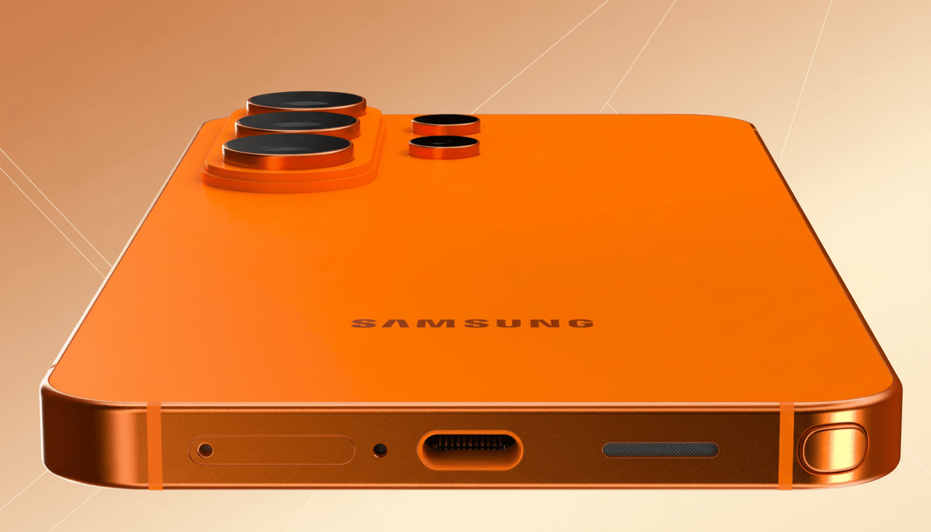 A vibrant orange Samsung smartphone, viewed from a low angle, showcasing its camera lenses and charging port, set against a professional gradient background.