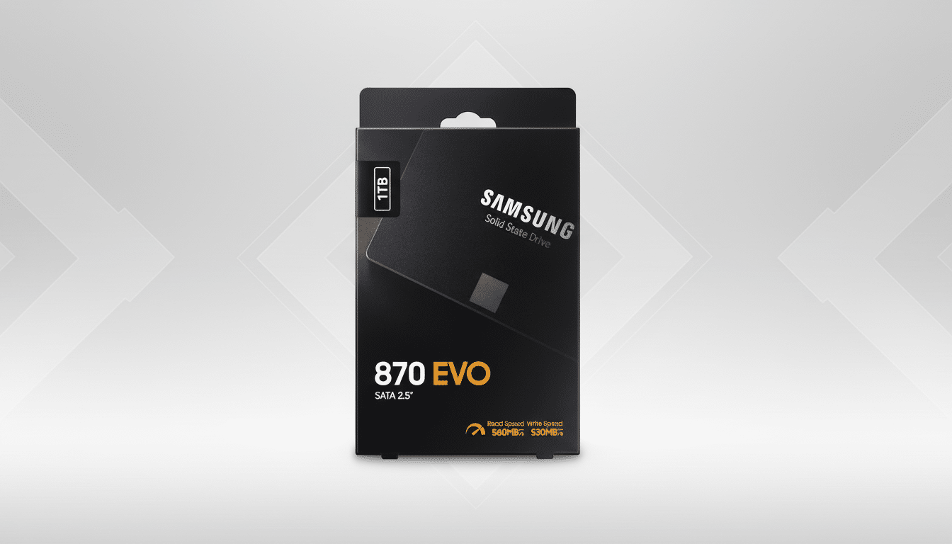 A Samsung 870 EVO SATA 2.5 1TB Solid State Drive in its black packaging, presented on a professional flat design background with soft patterns.