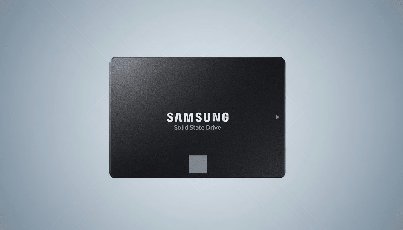A black Samsung Solid State Drive (SSD) centered on a professional flat design background with soft gray patterns, resized to a 16:9 aspect ratio.
