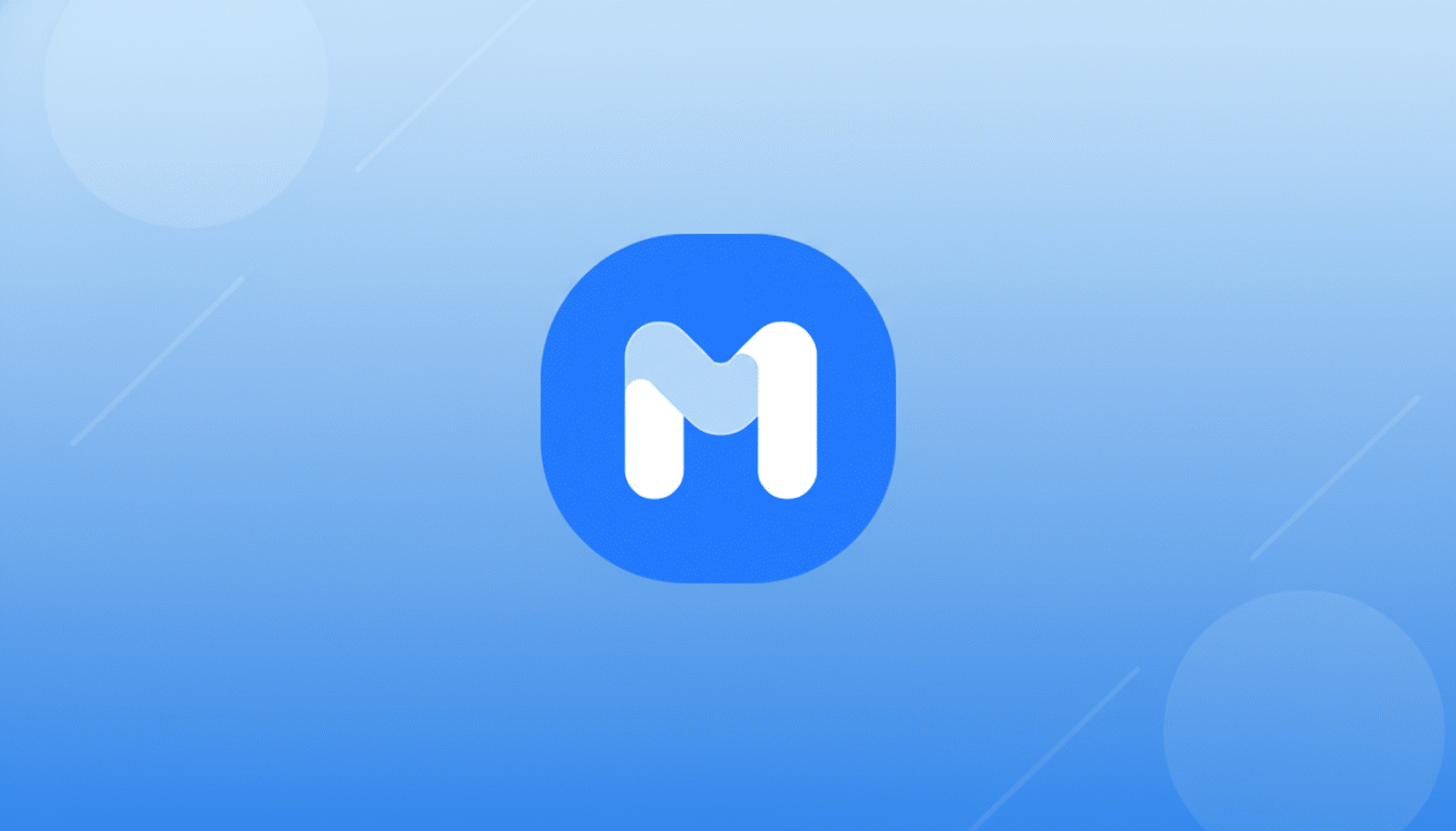 A blue circular icon with a white stylized letter M inside, set against a light blue gradient background with subtle geometric patterns.