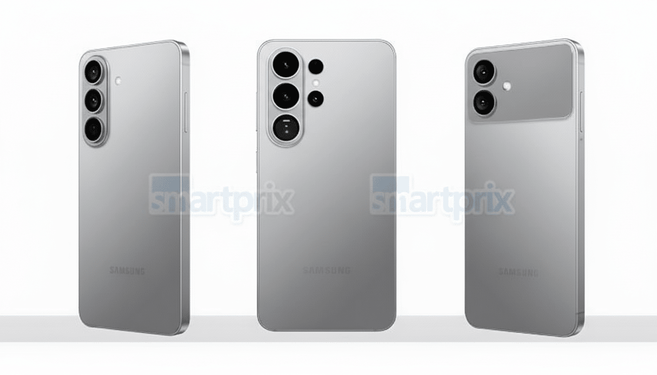 Three views of a silver Samsung smartphone, showcasing its back and sides, with a triple camera setup visible on the left and center phones, and a dual camera on the right.