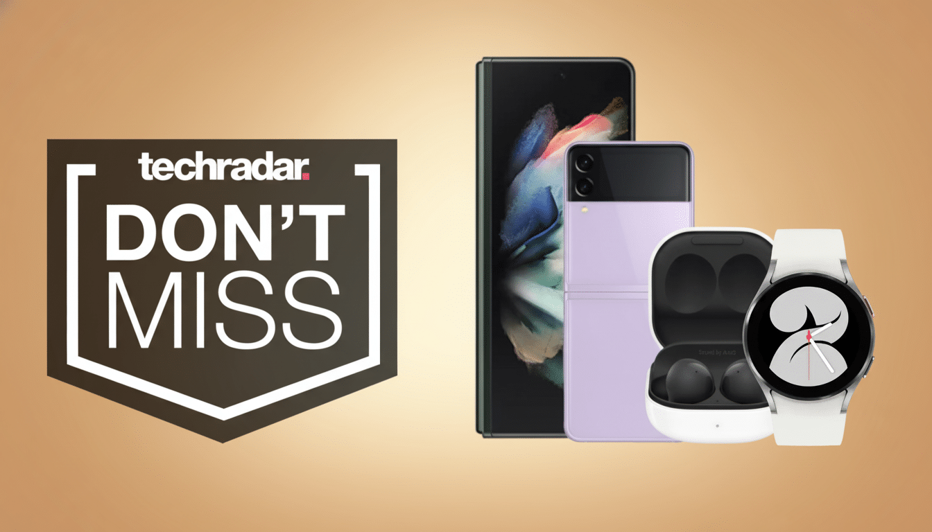 A 16:9 aspect ratio image featuring the TechRadar Dont Miss logo alongside a Samsung Galaxy Z Fold 3, a lavender Samsung Galaxy Z Flip 3, Samsung Galaxy Buds 2 in their open case, and a white Samsung Galaxy Watch 4.