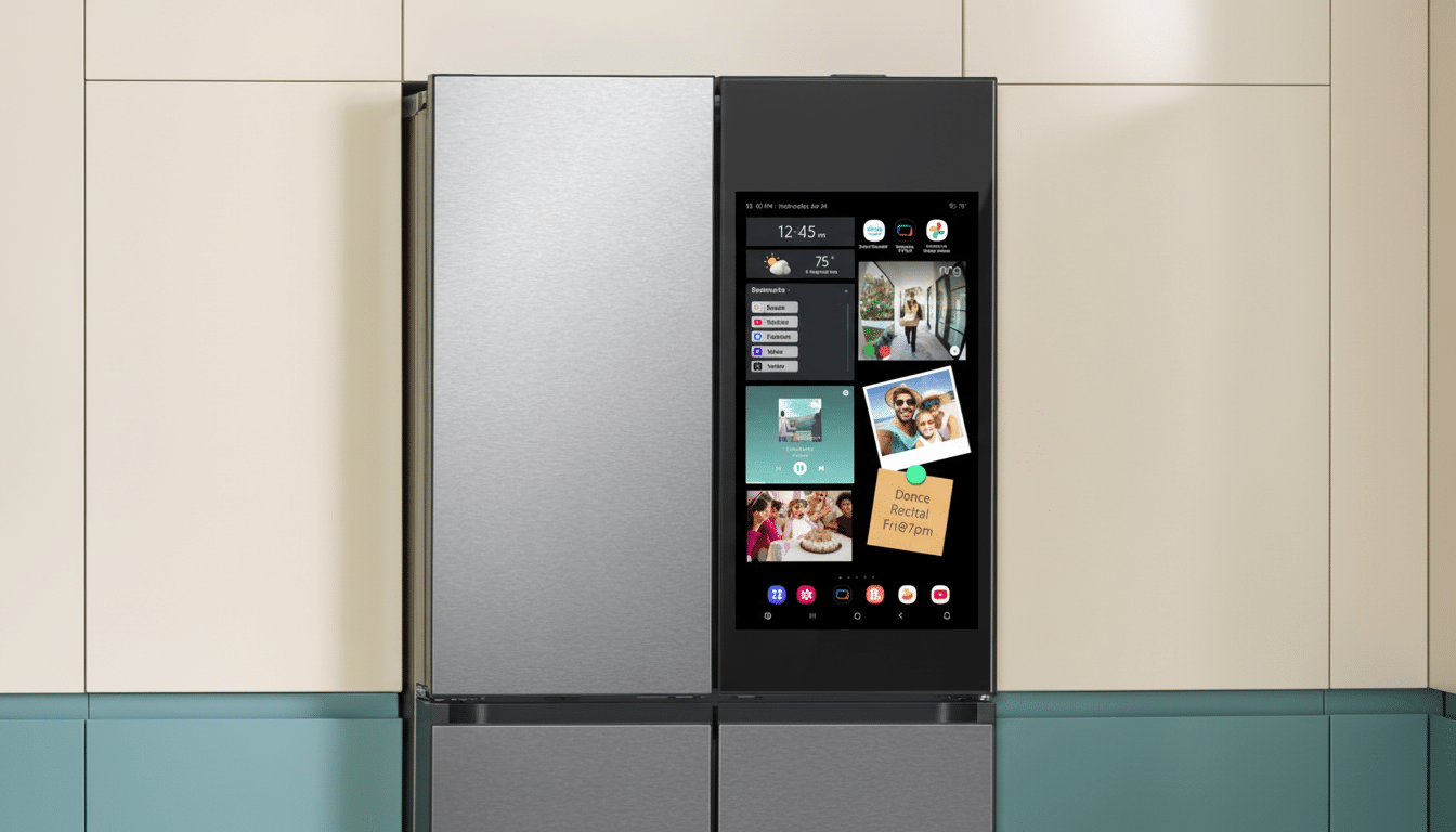 A smart refrigerator with a large display screen showing various apps, photos, and a calendar reminder. The refrigerator has a stainless steel finish on the left door and a black display panel on the right door. The background is a kitchen wall with light beige and teal sections.