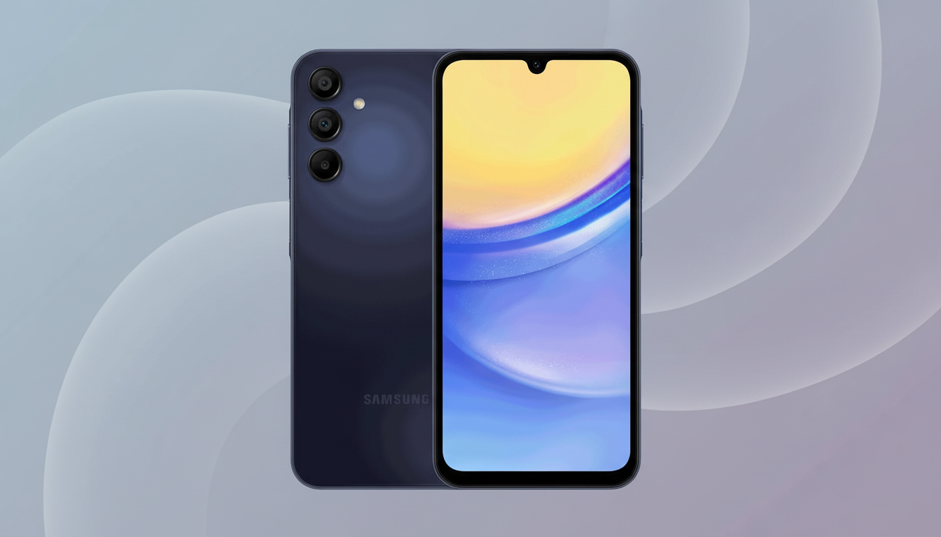 A dark blue Samsung smartphone, shown from the front and back, against a professional flat design background with soft, light gray and purple gradients and subtle wave patterns.
