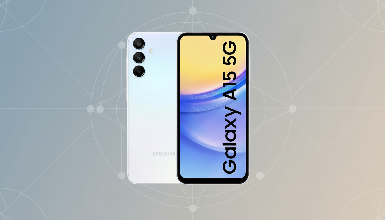 A white Samsung Galaxy A15 5G smartphone, shown from the front and back, against a professional flat design background with soft patterns and a gradient.