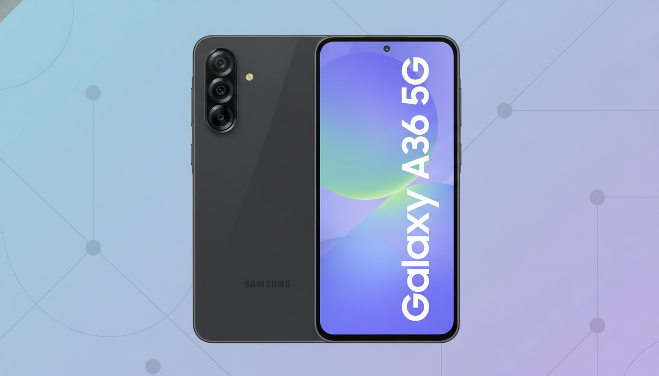 A dark gray Samsung Galaxy A36 5G smartphone, shown from the front and back, against a professional flat design background with soft blue and purple gradients and subtle geometric patterns.