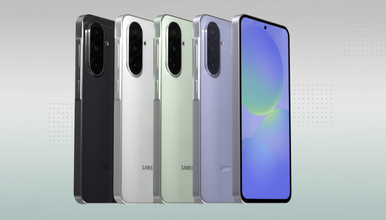 Five Samsung smartphones in black, white, light green, and light purple, with one showing a colorful screen, presented on a professional flat design background with soft patterns.