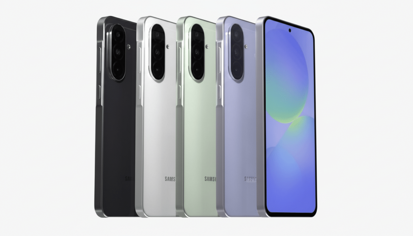 A professional image of five Samsung smartphones in black, white, light green, and light purple, arranged in a row with a 16:9 aspect ratio.