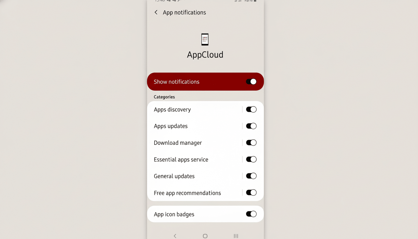 A screenshot of the AppCloud notification settings, showing various categories with toggle switches.