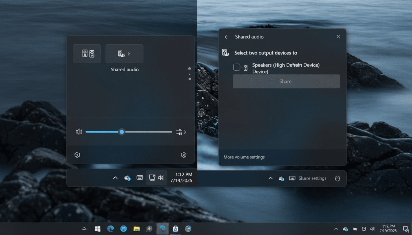 A screenshot of the Windows 11 shared audio feature, showing two dark-themed pop-up windows over a blurred desktop background of rocks and water. The left window displays volume controls and a Shared audio button, while the right window allows selection of output devices for sharing audio.