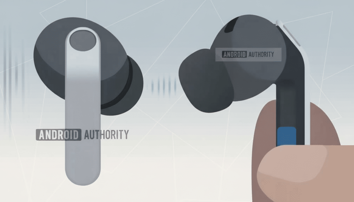 A pair of wireless earbuds, one held by a hand, with sound waves emanating from them, set against a professional flat design background with soft patterns.