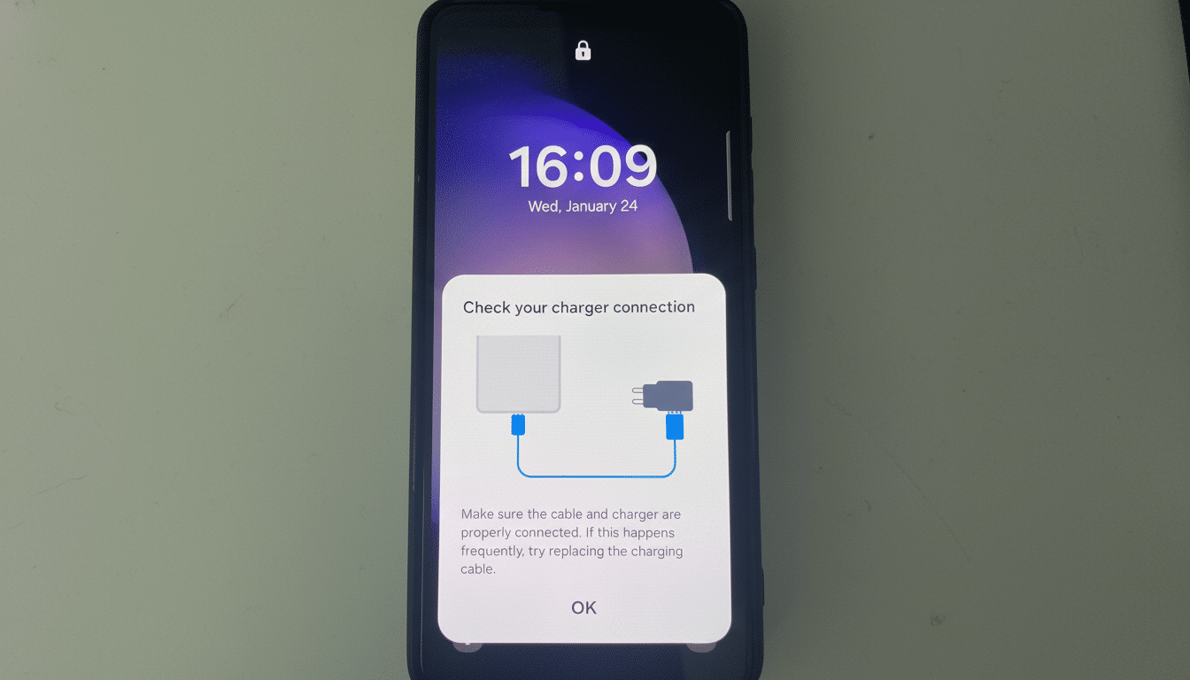 A smartphone displaying a Check your charger connection message on its screen, with a 16:9 aspect ratio.