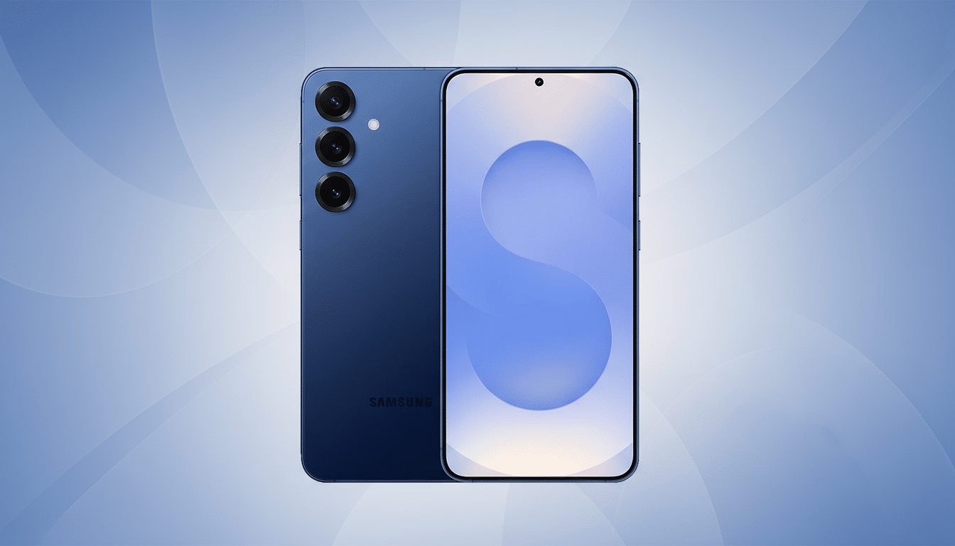 A blue Samsung smartphone, showing both the front and back, against a professional blue gradient background with subtle circular patterns.