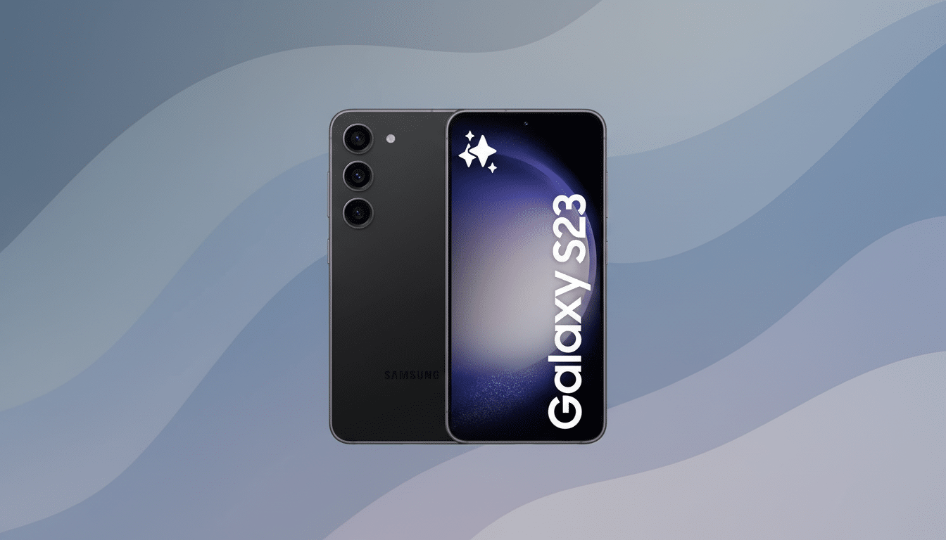 A Samsung Galaxy S23 smartphone, shown from the front and back, against a professional flat design background with soft blue and grey wave patterns.