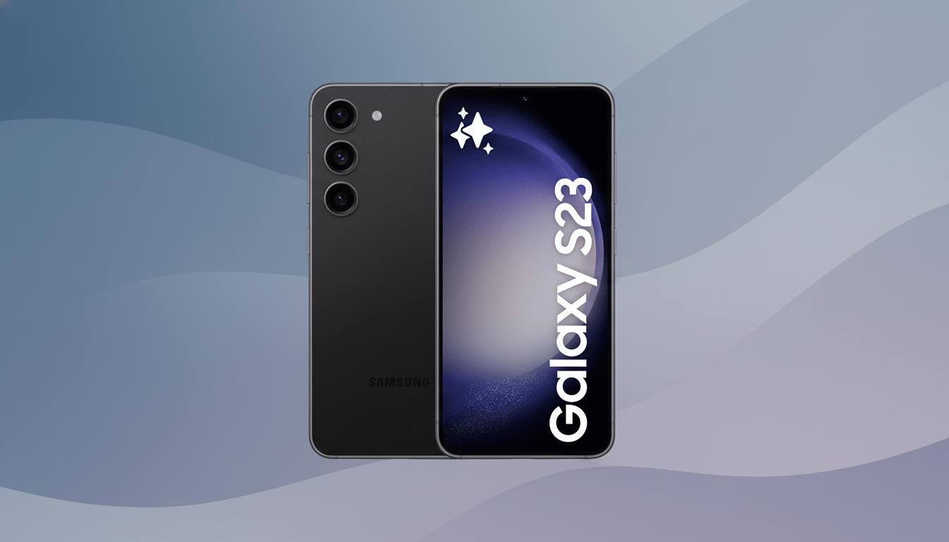 A Samsung Galaxy S23 smartphone, shown from the front and back, set against a professional flat design background with soft patterns and gradients.