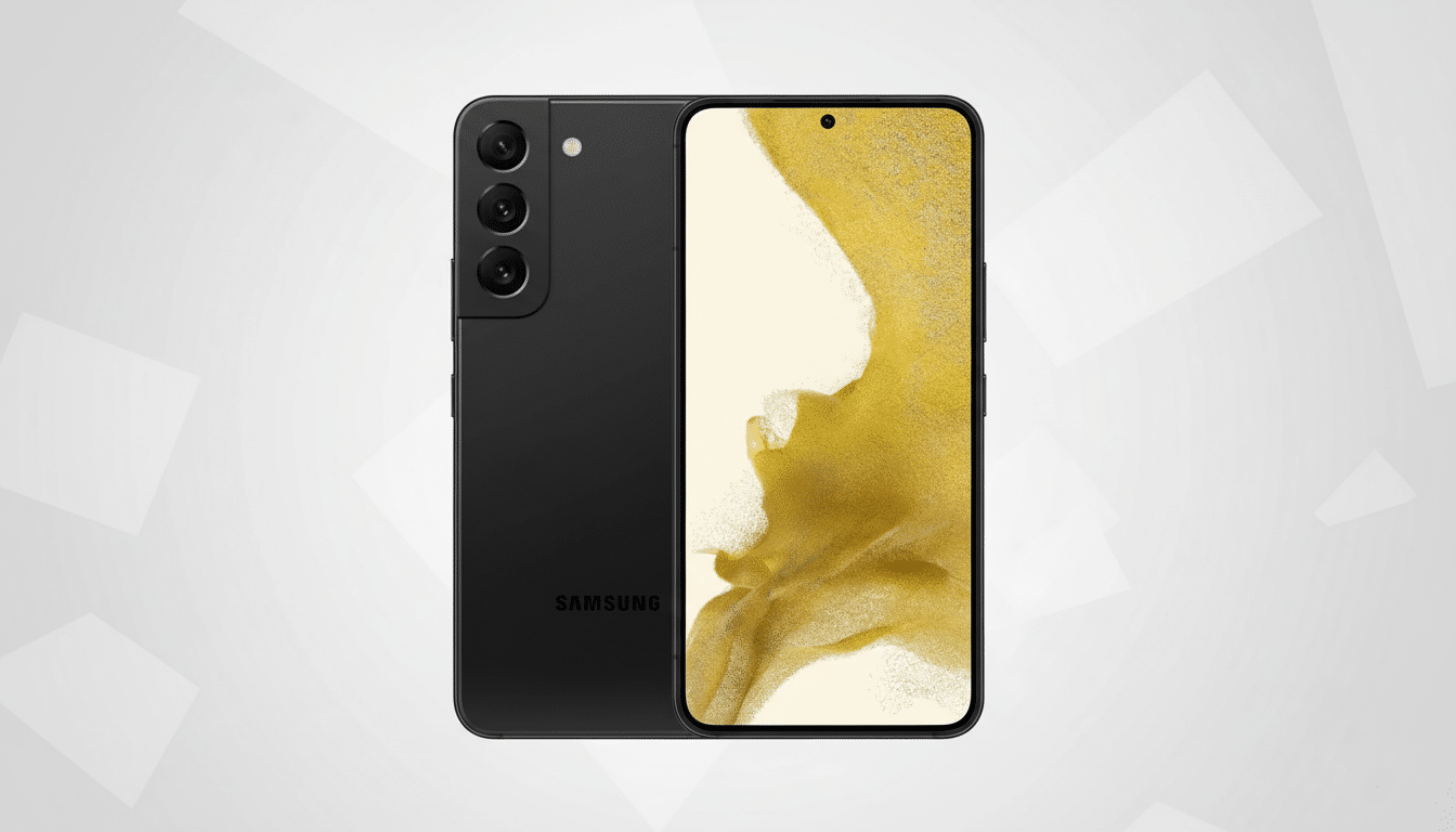 A black Samsung Galaxy S22 smartphone is displayed at a 16:9 aspect ratio on a professional flat design background with soft gray and white geometric patterns.