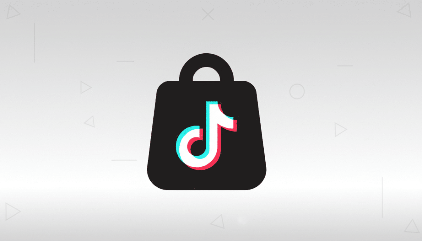 The TikTok Shop logo, featuring a black shopping bag icon with the white, red, and blue TikTok logo on it, set against a professional light gray background with subtle geometric patterns.