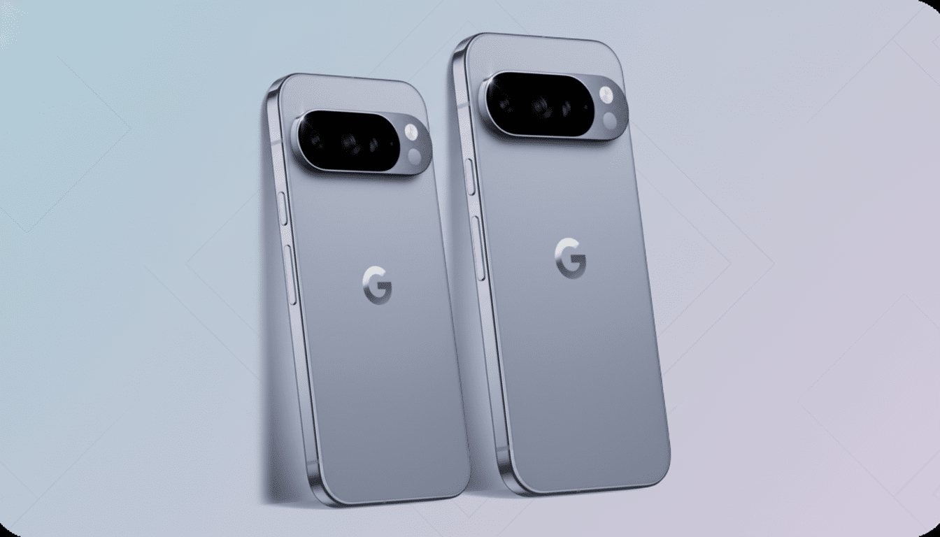 Two light blue Google Pixel phones are shown at a slight angle, with their backs facing the viewer. The phone on the left is slightly smaller and positioned slightly behind the one on the right. Both phones feature a prominent horizontal camera bar near the top and a subtle G logo in the center. The background is a soft, professional gradient with subtle geometric patterns.