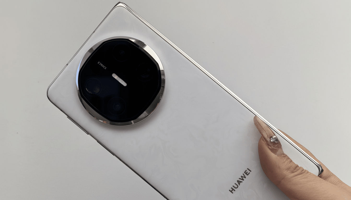 A close-up, professional shot of a white Huawei smartphone with a large, circular camera module, held by a hand with manicured nails.