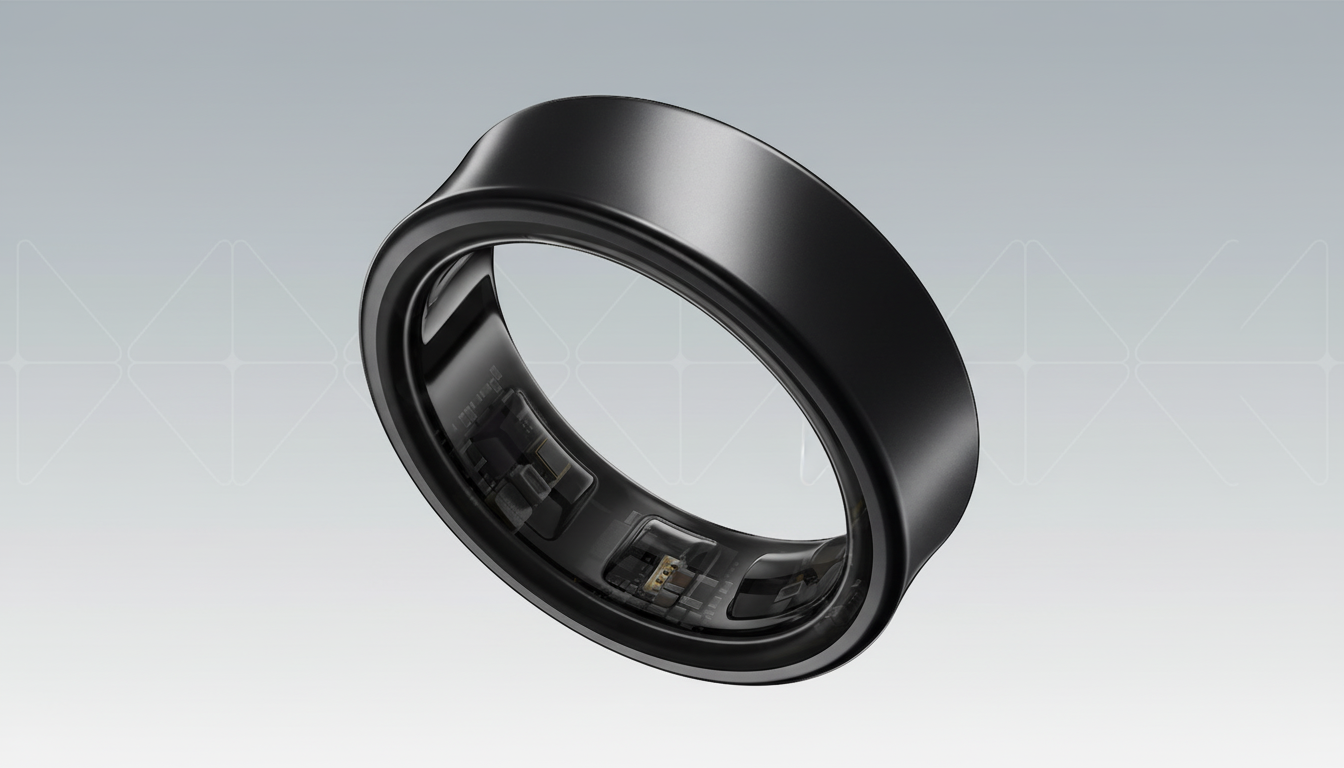 A sleek, black smart ring with visible internal components, presented on a professional flat design background with subtle geometric patterns and a soft gradient.
