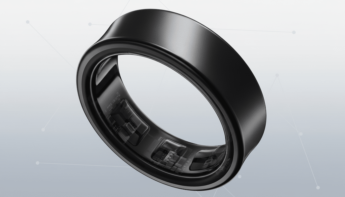 A sleek, black smart ring with visible internal components, presented on a professional flat design background with subtle patterns and a soft gradient.