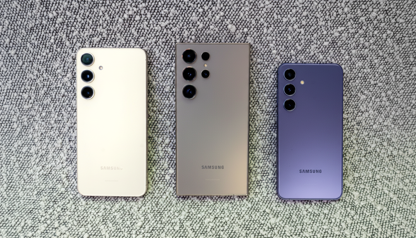 Three Samsung smartphones, one white, one gray, and one purple, are laid out on a textured gray surface.