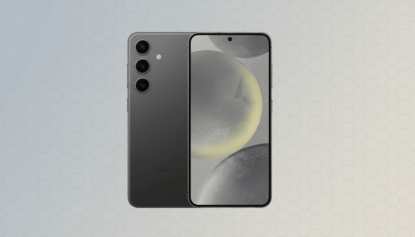 A dark gray Samsung smartphone is displayed against a professional flat design background with soft patterns and gradients. The phone is shown from the front and back, highlighting its camera array and screen.