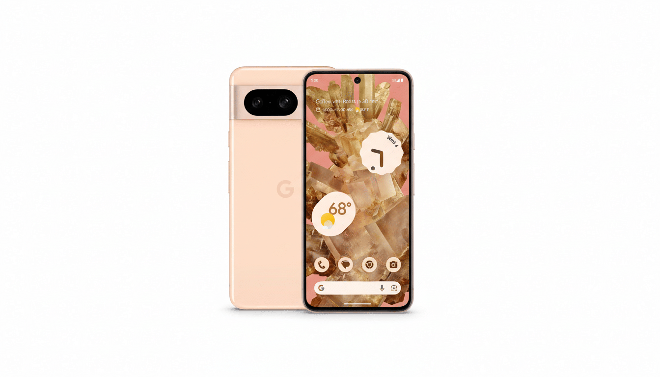 A Google Pixel 7 smartphone in a light peach color, shown from the front and back, against a clean white background. The front screen displays a wallpaper of light-colored crystals and various app icons.
