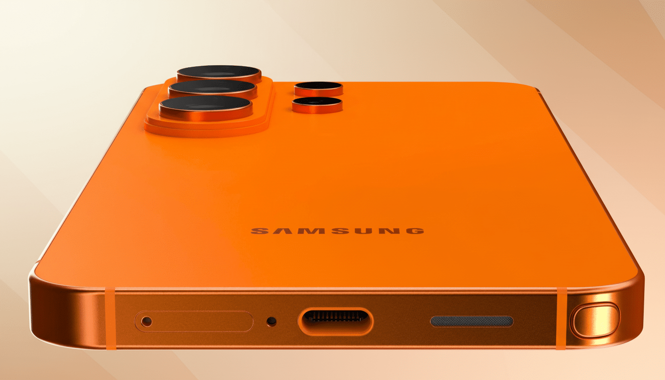 A professional, enhanced image of an orange Samsung smartphone, resized to a 16:9 aspect ratio, with a soft gradient background.