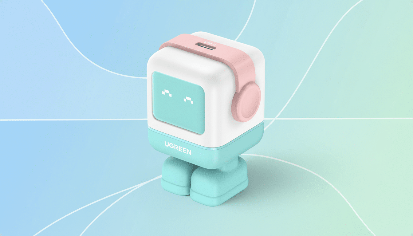A UGREEN robot-shaped USB-C charger with a pink headband and headphones, set against a professional 16:9 gradient background with soft, wavy patterns.