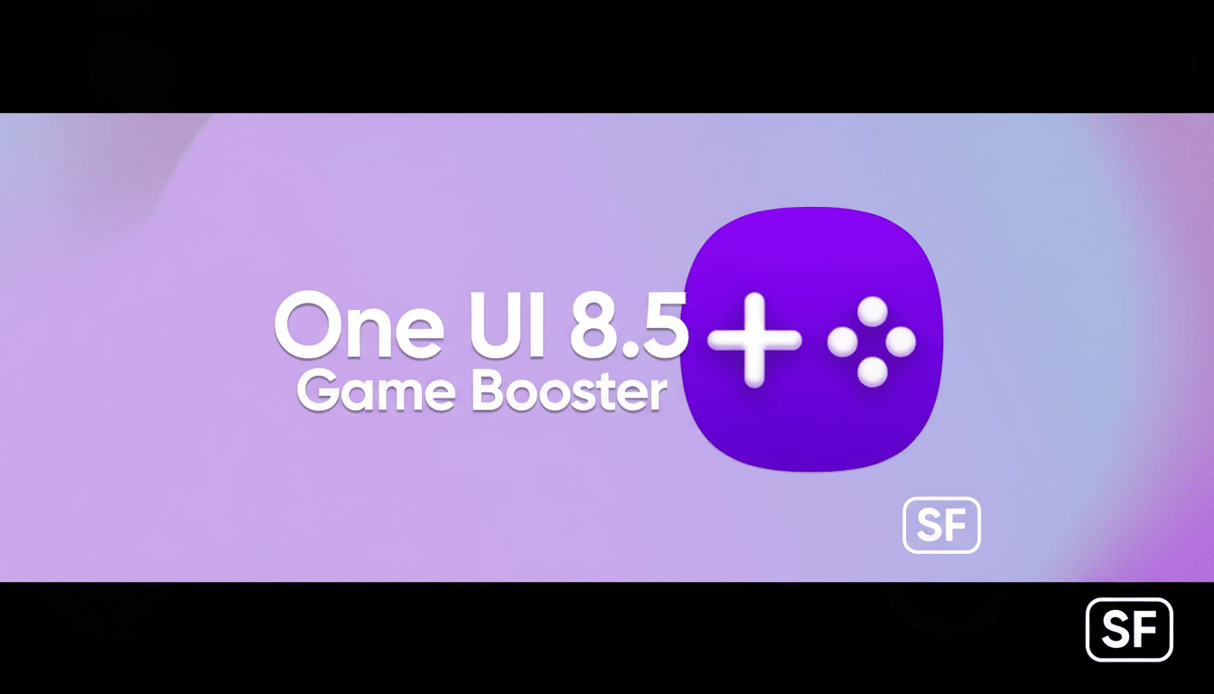 A 16:9 aspect ratio image featuring the text One UI 8.5 Game Booster in white, next to a purple game controller icon. The background is a soft gradient of purple and white, with a small SF logo in the bottom right corner.