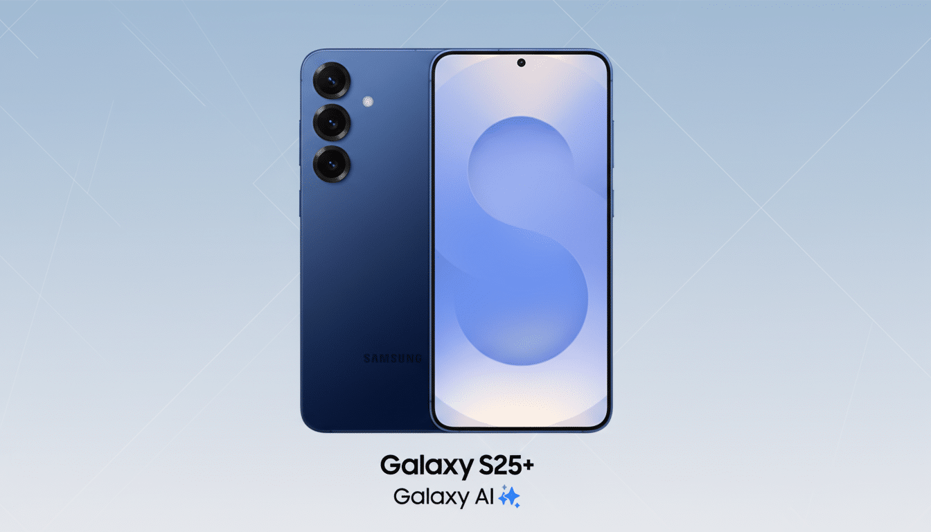 A blue Samsung Galaxy S25+ smartphone is displayed against a professional flat design background with soft patterns and gradients. The phone is shown from the front and back, with the screen displaying a blue S design. Below the phone, the text Galaxy S25+ and Galaxy AI with a sparkling icon are visible.