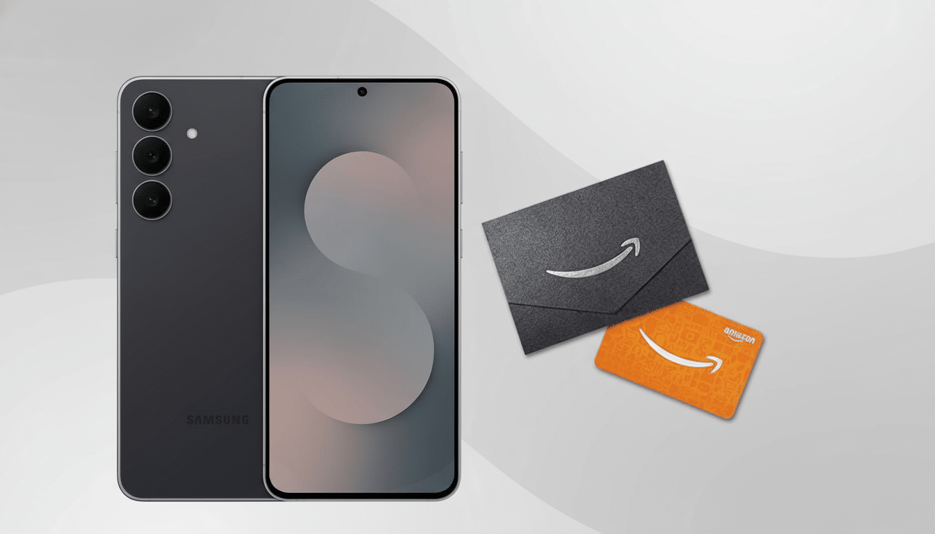 A Samsung smartphone and an Amazon gift card with a black envelope on a professional gray background with soft patterns.