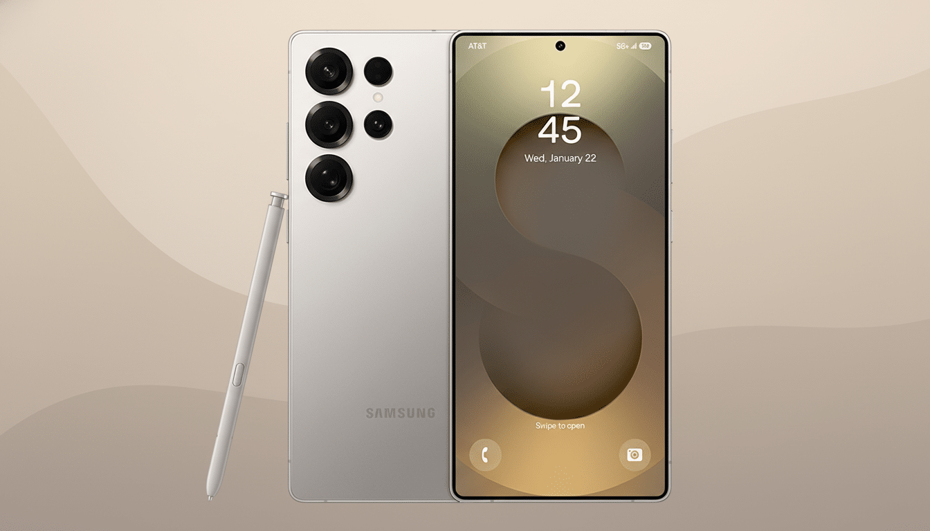 A Samsung Galaxy S23 Ultra in light gray, with its S Pen stylus, presented on a professional flat design background with soft, warm-toned patterns.