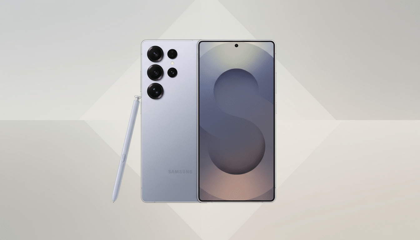 A light purple Samsung smartphone with its S Pen stylus resting beside it, presented on a professional flat design background with soft geometric patterns in a 16:9 aspect ratio.