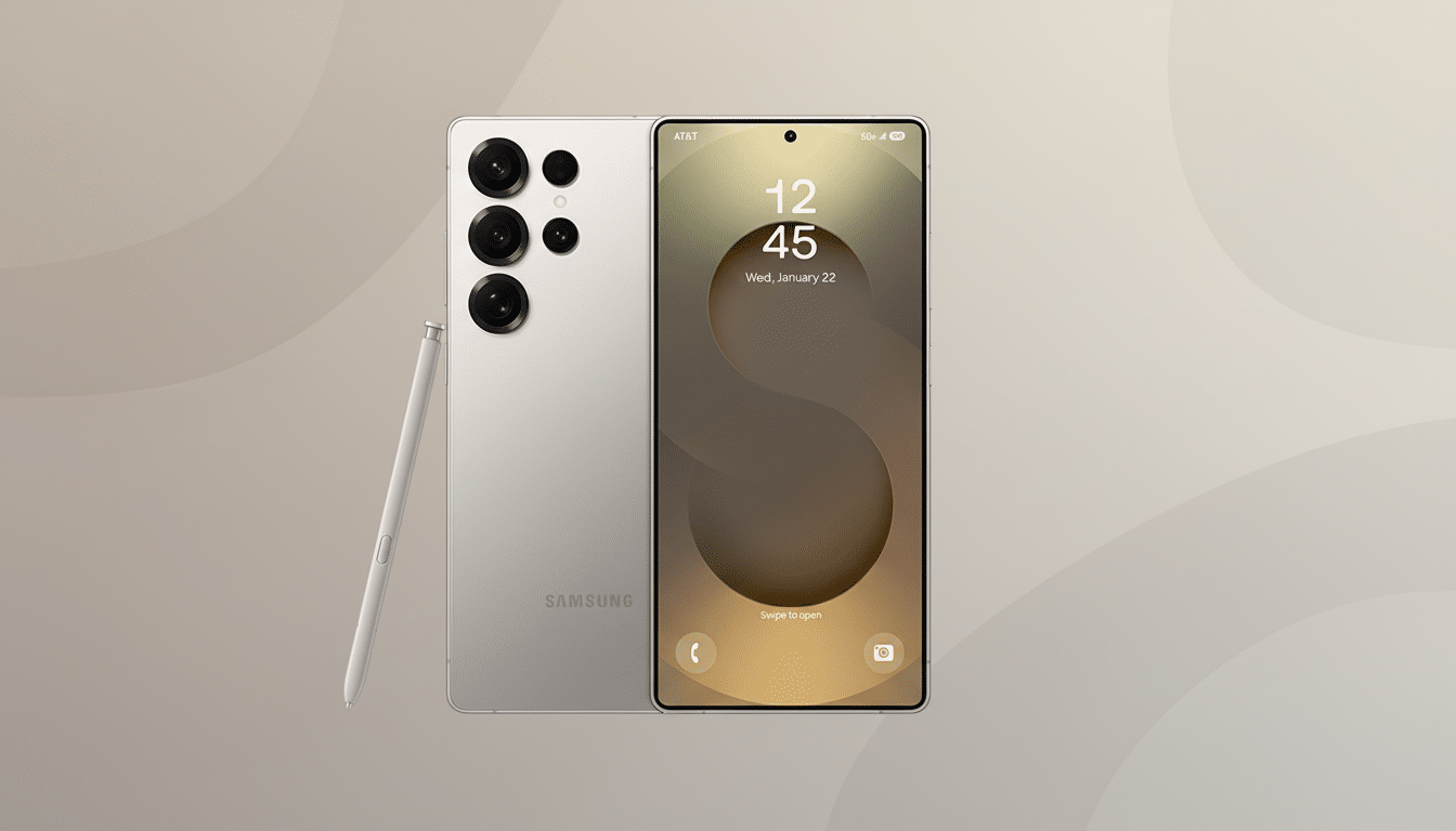 A silver Samsung Galaxy S23 Ultra smartphone with its S Pen stylus, presented on a professional flat design background with soft patterns and gradients.