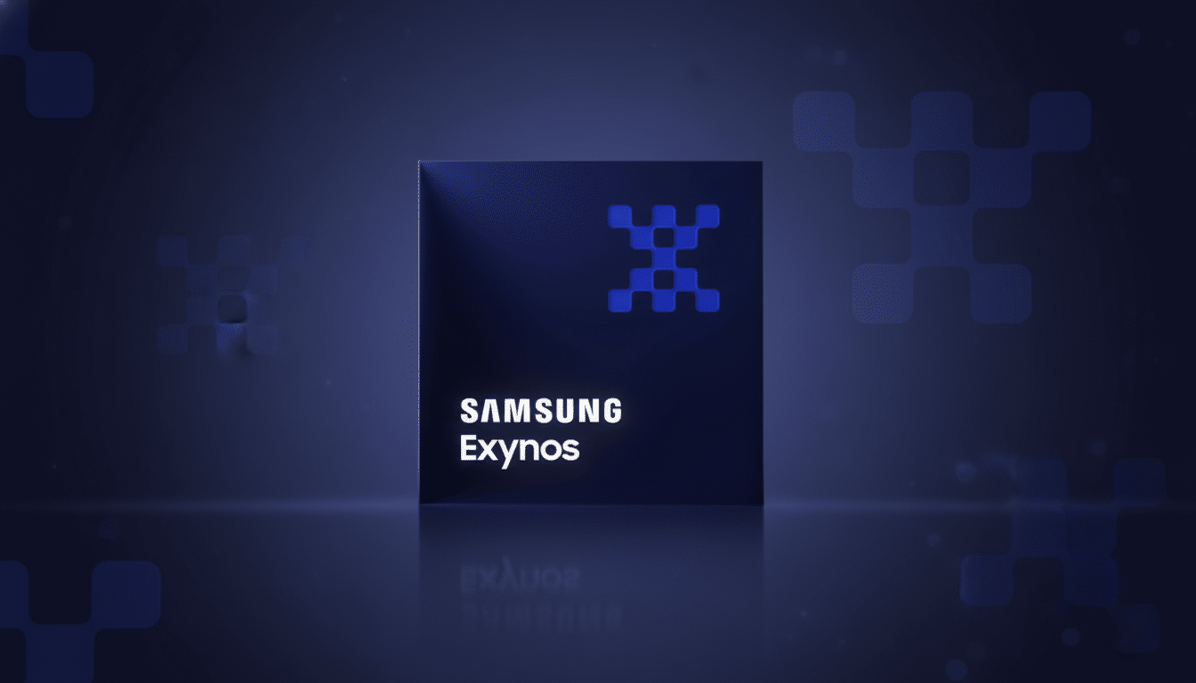 A 16:9 aspect ratio image of the Samsung Exynos logo on a dark blue square, set against a professional flat design background with soft patterns and gradients.