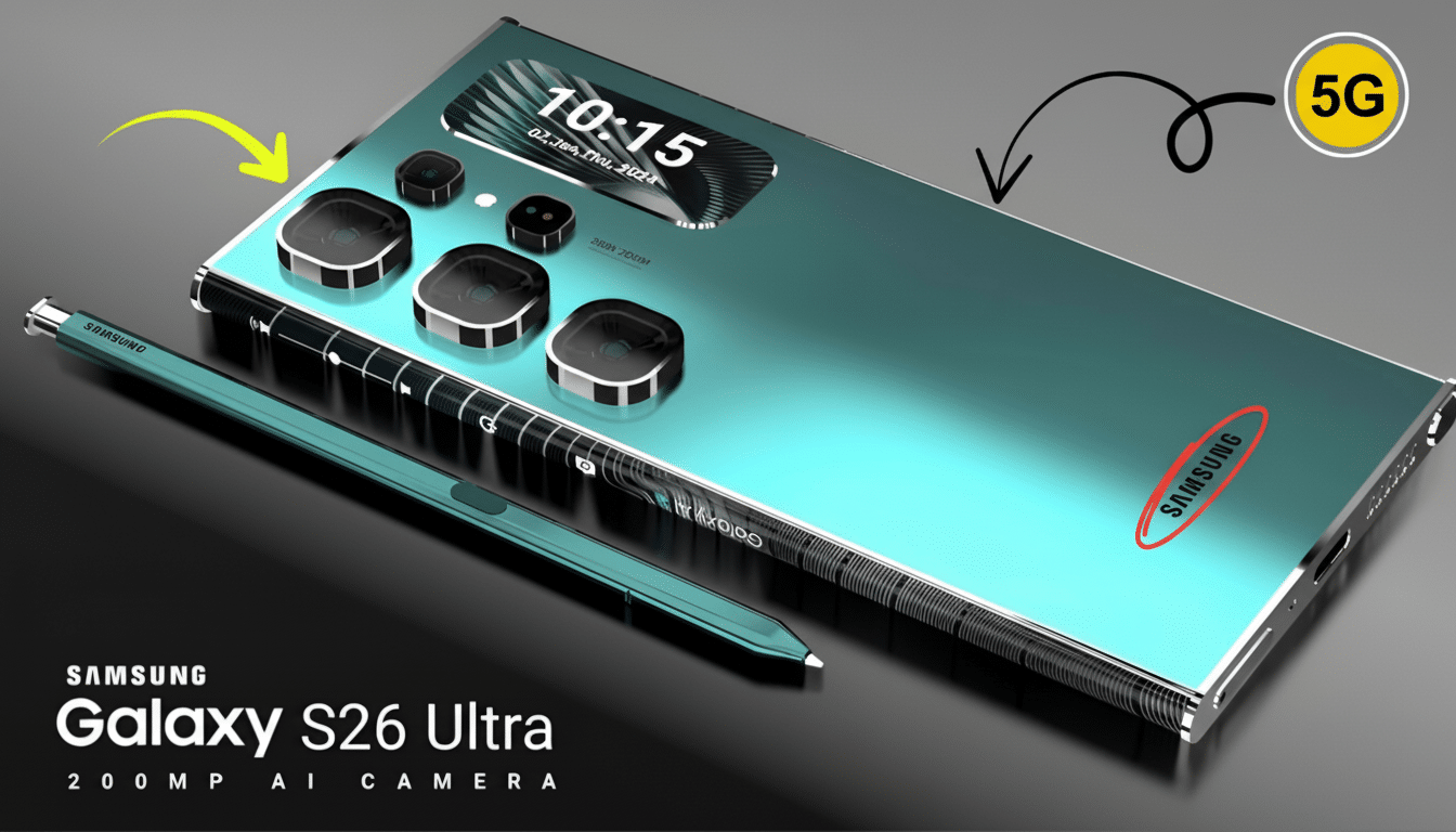 A Samsung Galaxy S26 Ultra smartphone and a stylus are displayed on a dark background. The phone is teal with multiple camera lenses and a screen showing the time 10:15 and 02 Jan, Thu, 2024. A 5G logo is in the top right corner. The text SAMSUNG Galaxy S26 Ultra 200 MP AI CAMERA is at the bottom left.