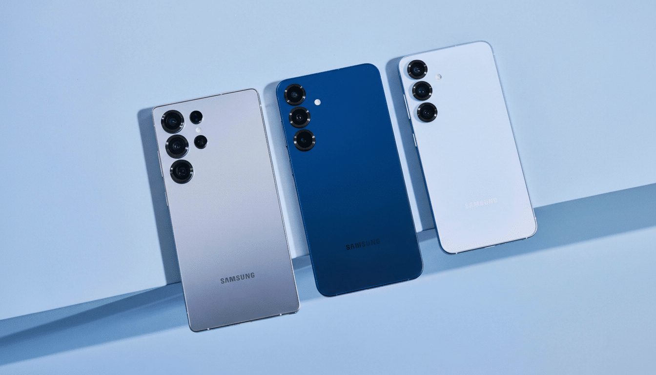 Three Samsung smartphones, one silver, one blue, and one light blue, are arranged diagonally on a light blue surface.