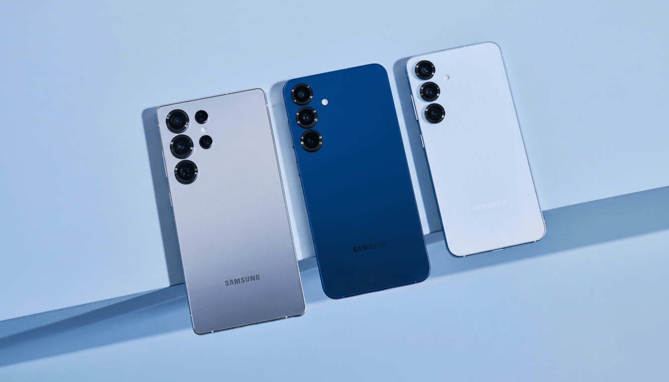 Three Samsung smartphones, one silver, one blue, and one light blue, are arranged diagonally on a light blue surface.
