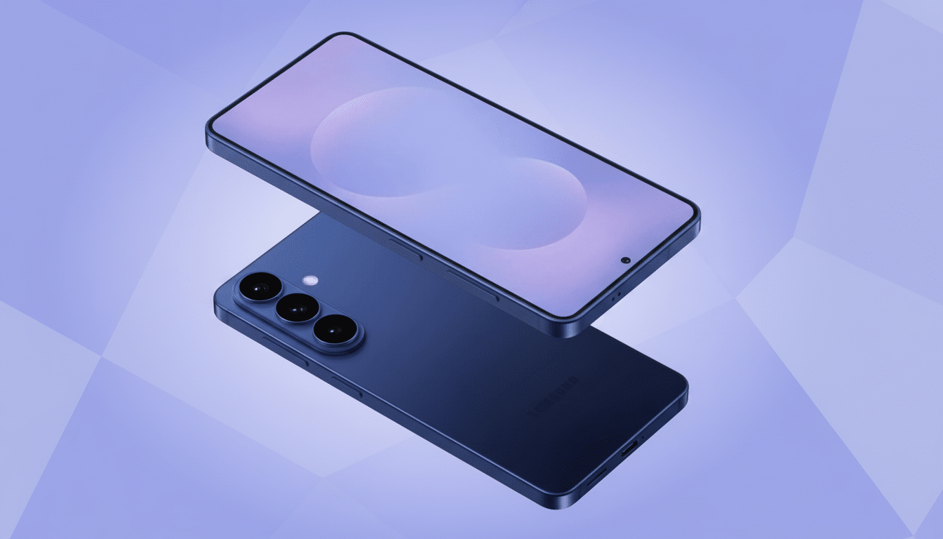 A blue smartphone is shown from two angles, one face up and one face down, against a professional flat design background with soft patterns and gradients.