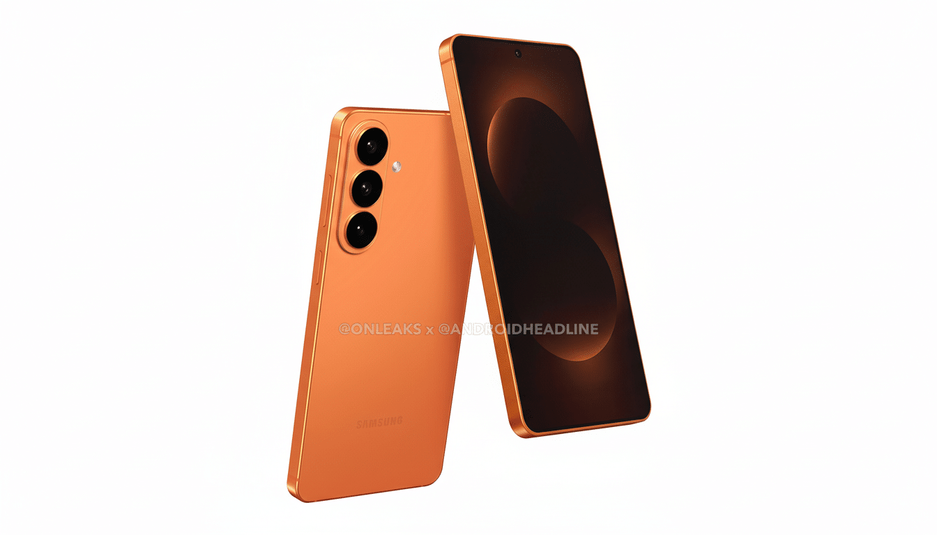 Two orange Samsung smartphones are displayed against a white background. One phone is seen from the back, showcasing its camera lenses, while the other is angled to reveal its screen.