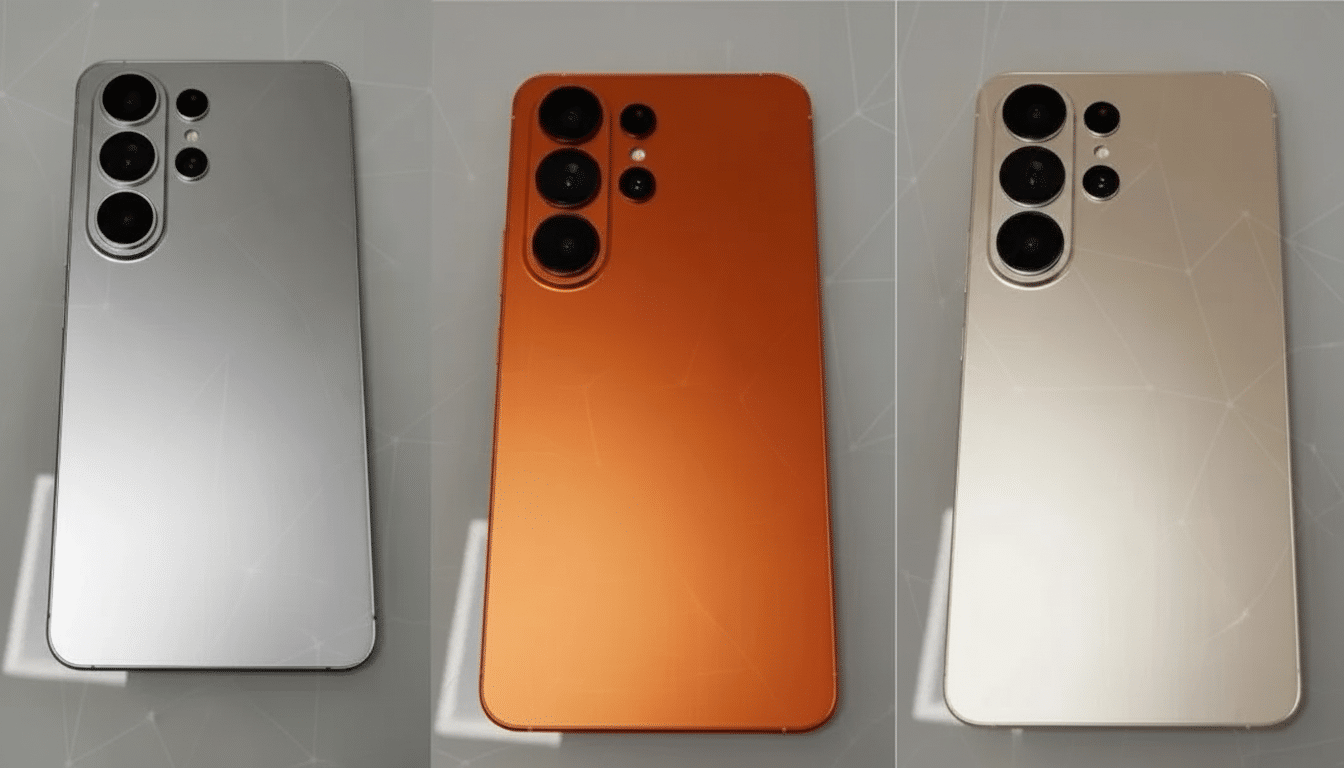 Three smartphones in silver, orange, and gold, presented in a 16:9 aspect ratio with a subtle geometric pattern in the background.