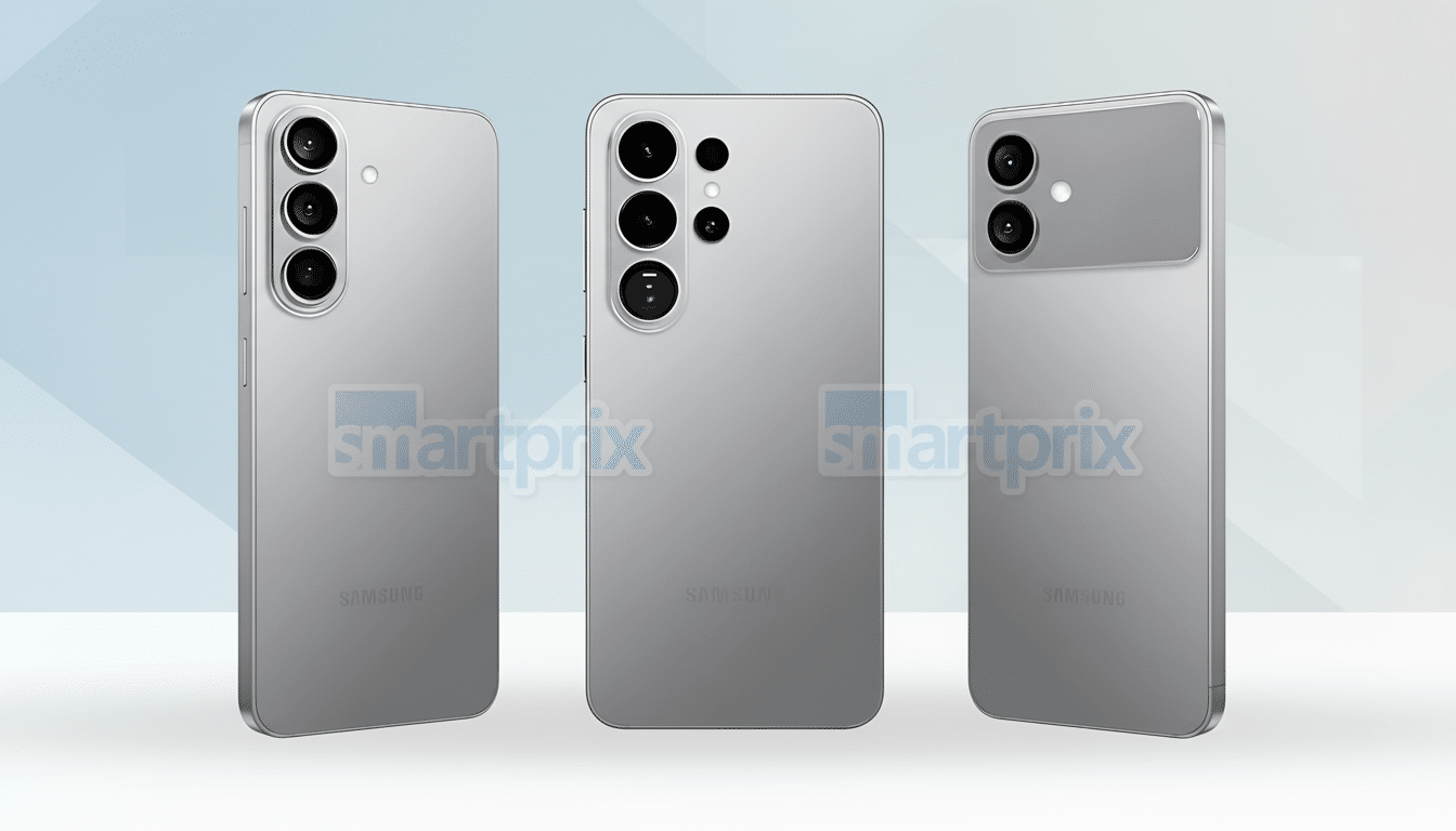 Three silver smartphones are displayed against a professional flat design background with soft patterns and gradients.