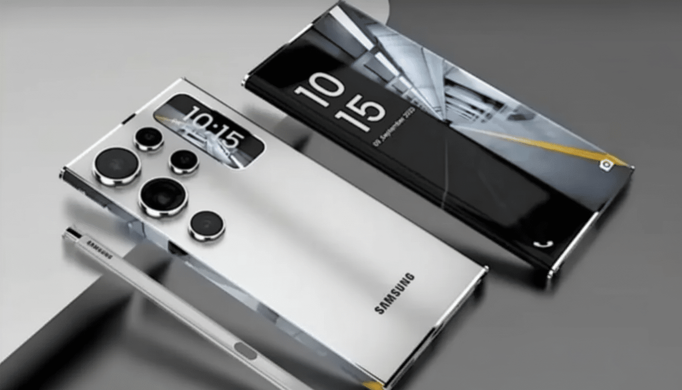 A sleek, silver Samsung smartphone with multiple camera lenses on the back, accompanied by a stylus. The phones screen displays 10:15 and 09 September 2023.