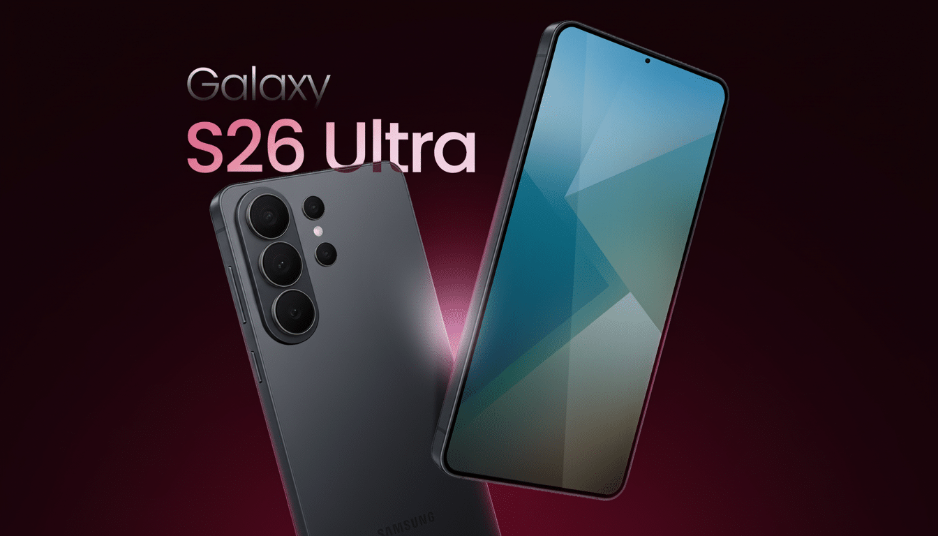 A Samsung Galaxy S26 Ultra phone in a 16:9 aspect ratio, with the front and back visible against a dark red background.